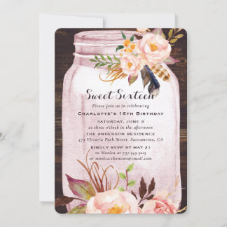 Bohemisch Rustikale Mason Jar Pink Sweet 16 Geburt Einladung