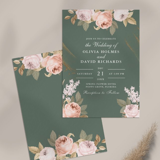 Bohemisch Sage Green Peonies Hochzeitseinladung Einladung (Bohemian Sage Green Peonies Wedding Invitation on table)