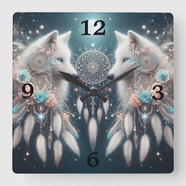 Bohemisch Style Wolf und Dreamcatchers Quadratische Wanduhr (Vorderseite)