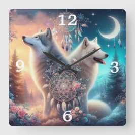 Bohemisch Style Wolf und Dreamcatchers Quadratische Wanduhr