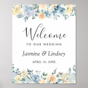 Bohemisch Vanilla Blue Floral Wedding Begrüßungsze Poster