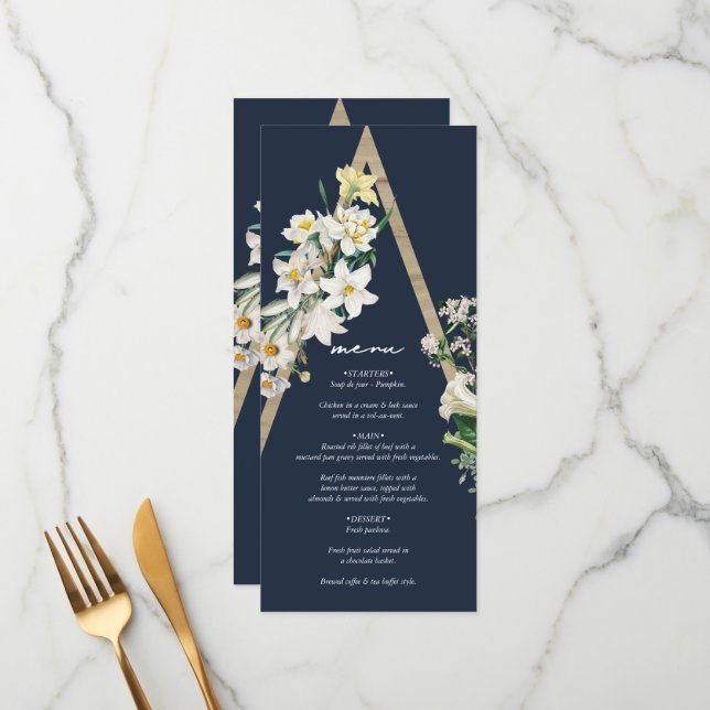 Bohemisch Wood Pyramid White Florals Blue Wedding Menükarte (Vorderseite/Rückseite Beispiel)