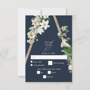 Bohemisch Wood Pyramid White Florals Blue Wedding RSVP Karte