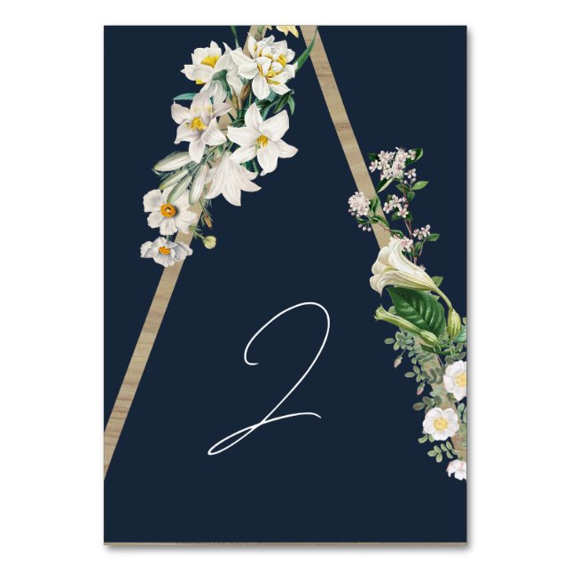 Bohemisch Wood Pyramid White Florals Blue Wedding Tischnummer (Vorderseite)