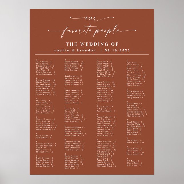 Bohemische Alphabetische Hochzeitstabelle Poster (Vorne)