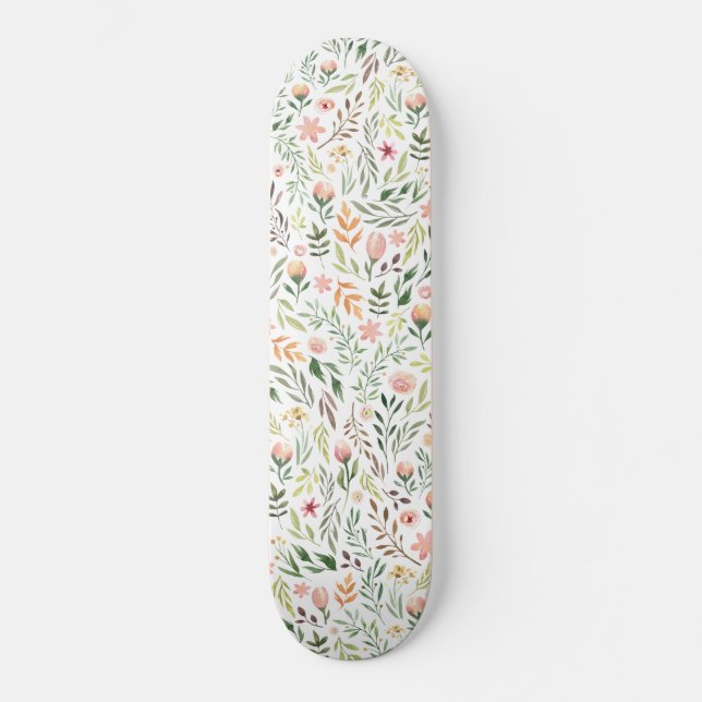 Bohemische Aquarellfarben-Blätter und Blume Skateboard (Vorderseite)