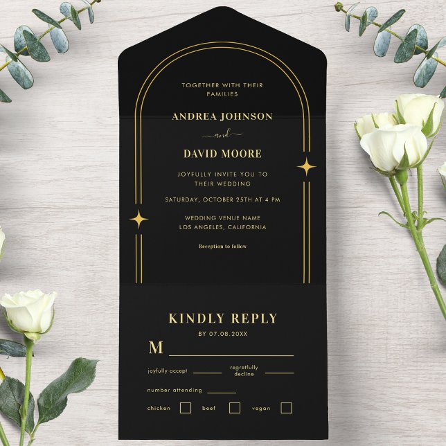 Bohemische Arch-Hochzeit mit Gold und Black Boho All In One Einladung (Von Creator hochgeladen)