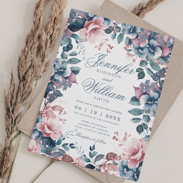 Bohemische Blumendusty Blaue Hochzeit Einladung (Bohemian Floral Dusty Blue Elegant Wedding Invitation)