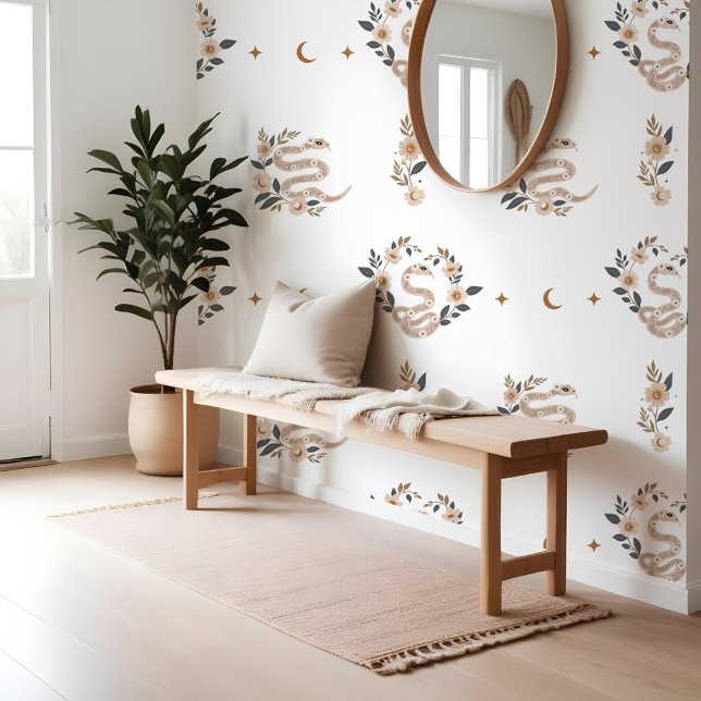 Bohemische Blumenschlange - Muster Sun & Moon Tapete (Bohemian Floral Holistic Snake Sun & Moon Pattern Wallpaper)