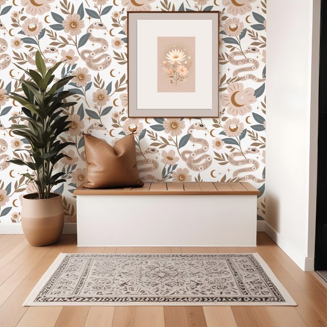 Bohemische Blumenschlange - Muster Sun & Moon Tapete (Bohemian Floral Holistic Snake Sun & Moon Pattern Wallpaper)