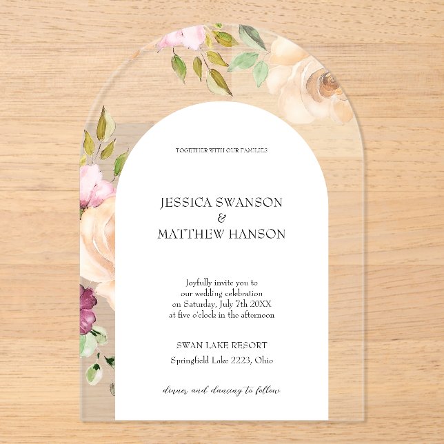 Bohemische Blush Rose Hochzeit Wasserfarben Acryleinladungen (Vorderseite)