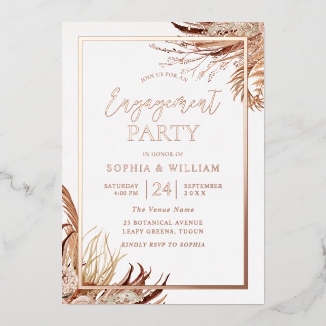 Bohemische Boho Engagement Party Rose Gold Folieneinladung (Vorderseite)