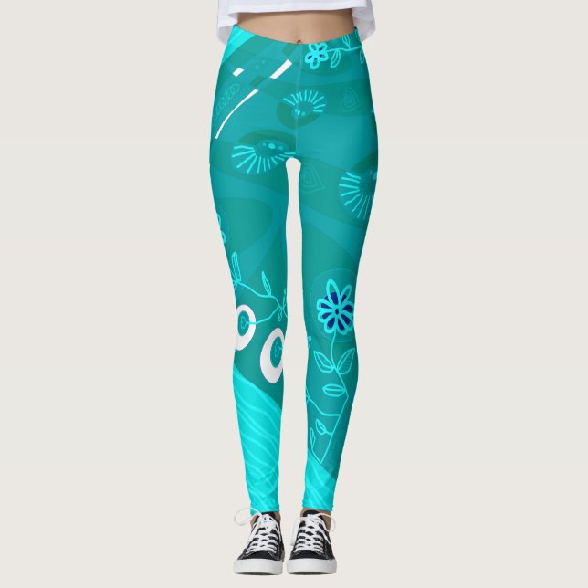 Bohemische Chintz-Illustration Aquamarin 1 Leggings (Vorderseite)