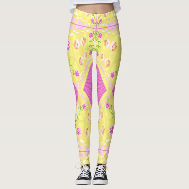 Bohemische Chintz-Illustration Gelb-Rosa-Grün Leggings