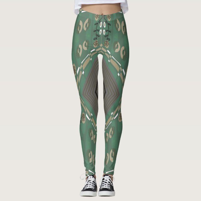 Bohemische Chintz Illustration Green Mushroom Whit Leggings (Vorderseite)