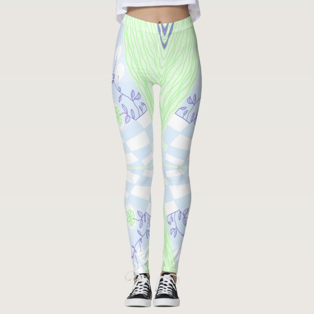 Bohemische Chintz Illustration Pastel Blue Green Leggings (Vorderseite)