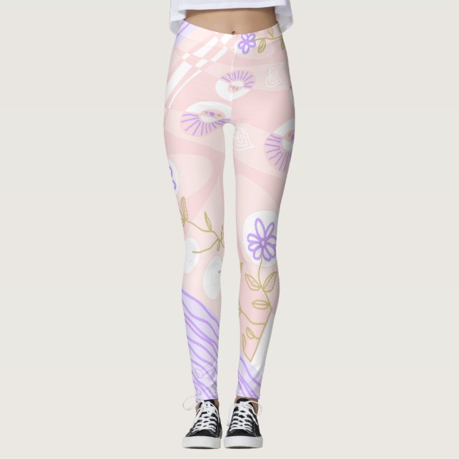 Bohemische Chintz Illustration Pastel Pink Lavende Leggings (Vorderseite)