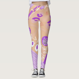 Bohemische Chintz Illustration Peach Lila White Leggings