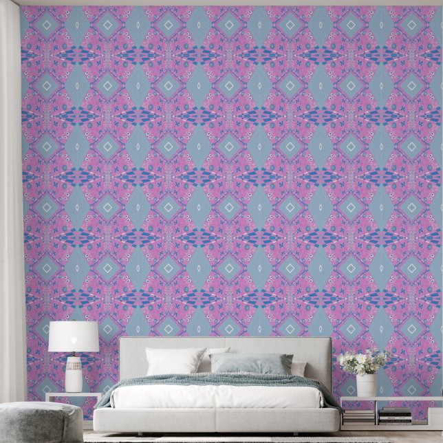 Bohemische Chintz-Illustration Rosa Blau Tapete (Schlafzimmer)