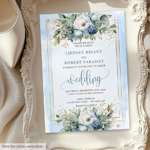 Bohemische Dusty Blue White Gold Peonies Einladung