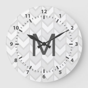 Bohemische Elegant Gray & White Chevrons Große Wanduhr
