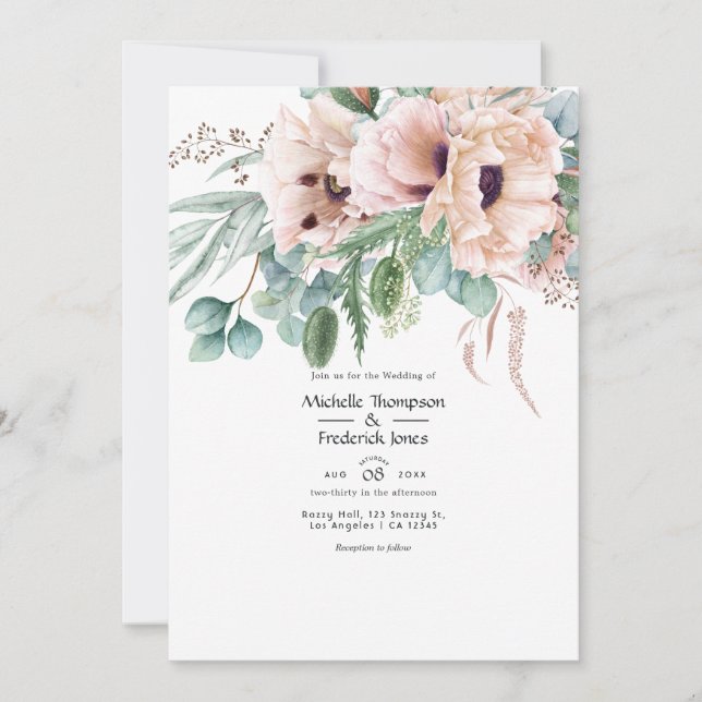 Bohemische Eukalyptus Pink Poppy Hochzeit Einladung (Vorderseite)