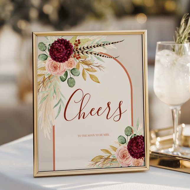 Bohemische Fall Floral Wedding Bar Cheers Tafelzei Poster (Von Creator hochgeladen)