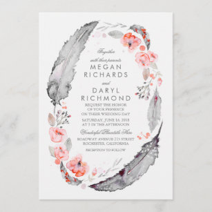 Bohemische Federn Rosa und Grau Hochzeit Einladung