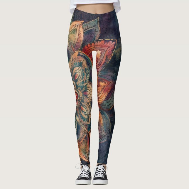 Bohemische Federn und Blume Leggings (Vorderseite)