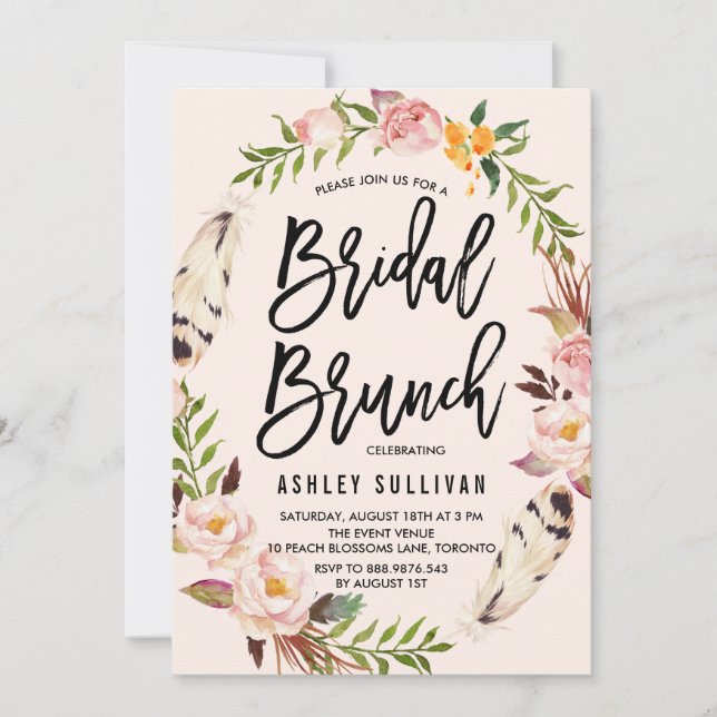 Bohemische Federn und Blumenreath Bridal Brunch Einladung (Vorderseite)