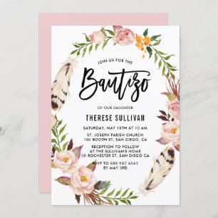 Bohemische Federn und Blush Blumenreath Bautizo Einladung