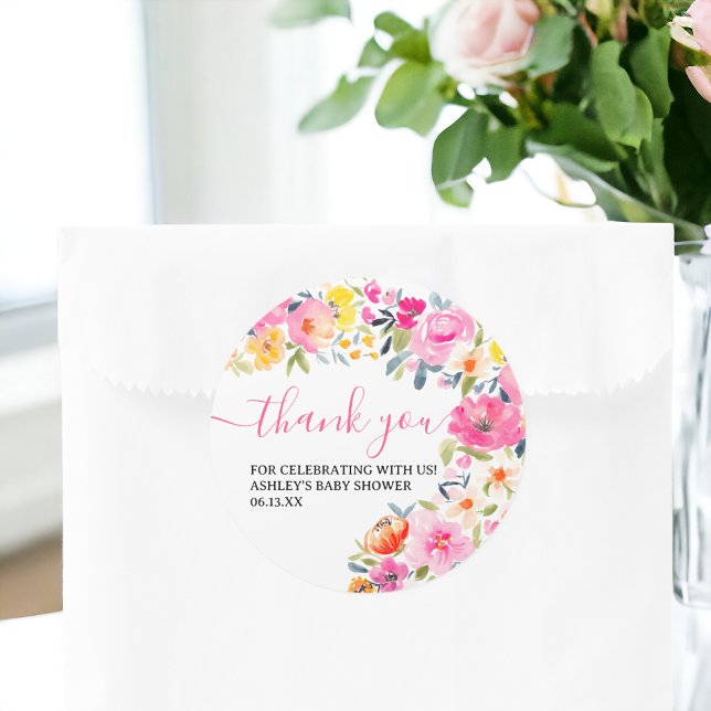Bohemische, fette Blumenfarbe Dank Runder Aufkleber (Bohemian bold floral watercolor thank you classic round sticker)