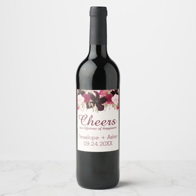 Bohemische florale "Cheers" Hochzeitsweinetiketten Weinetikett (Vorderseite)