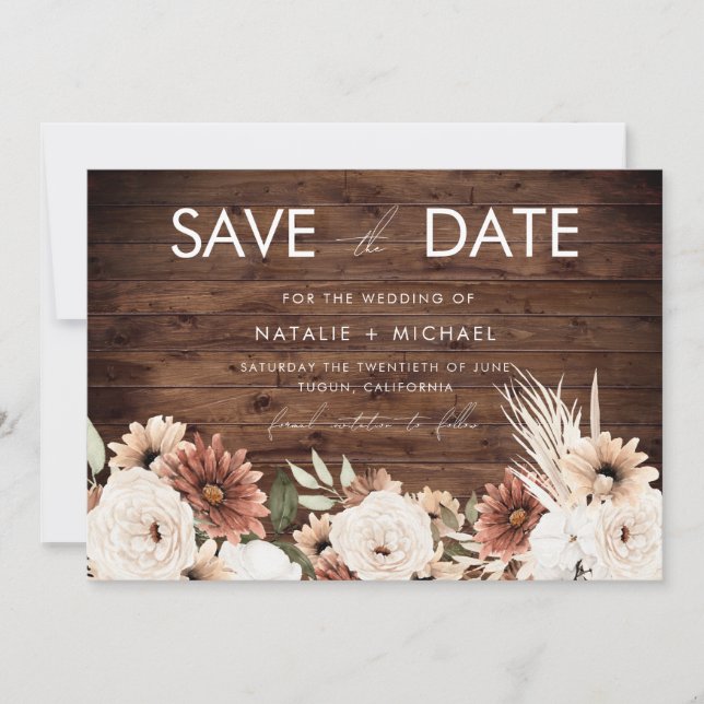 Bohemische florale Rustikale Holzhochzeit Save The Date (Vorderseite)