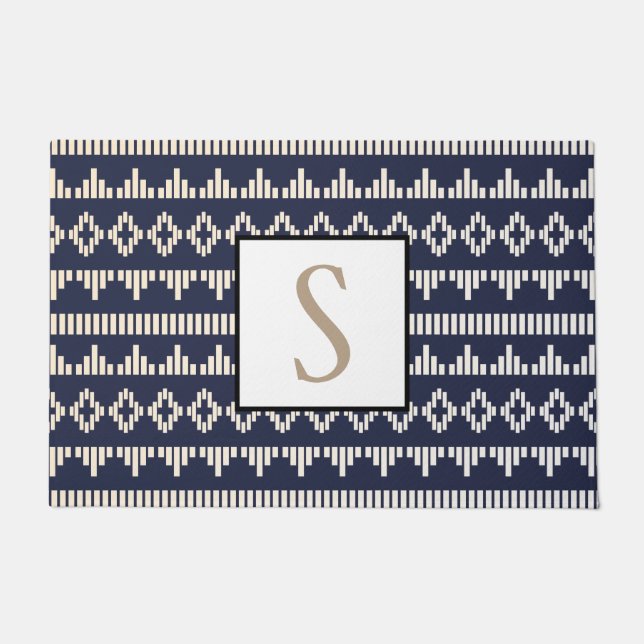 Bohemische geometrische Creme und Marine | Monogra Fußmatte (Vorderseite)