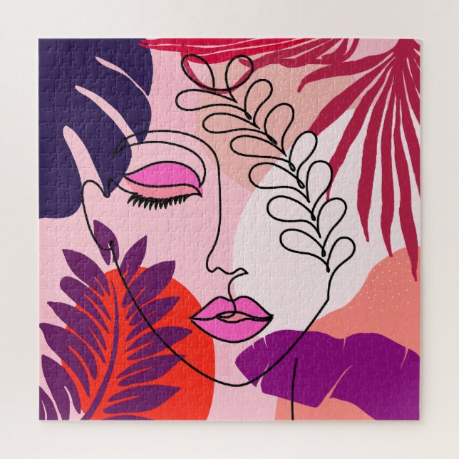 Bohemische Girl Line Art Pink Ästhetik Puzzle (Vertikal)