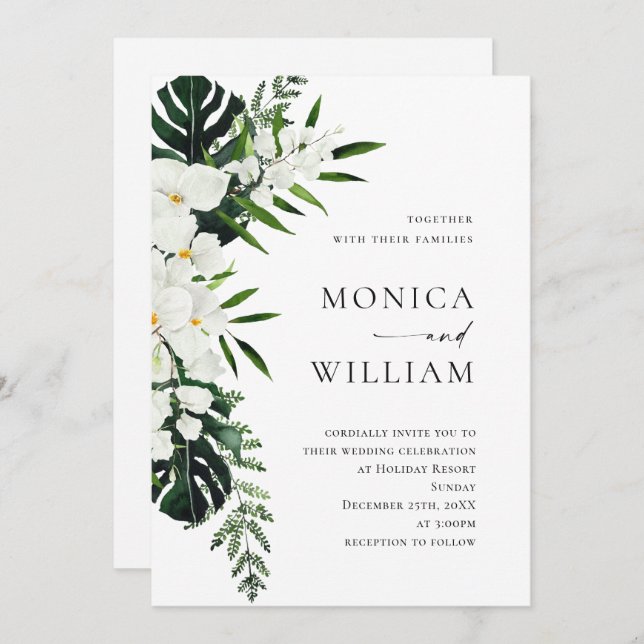 Bohemische Grüne Hochzeit mit eleganten Orchideen Einladung (Vorne/Hinten)