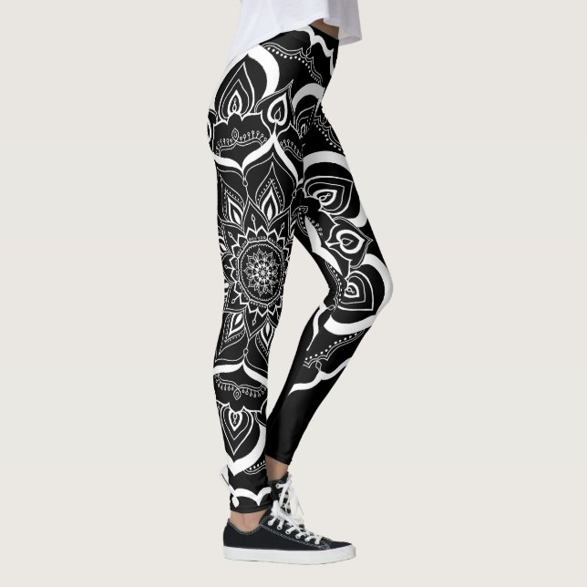 Bohemische Hand gezeichneter Mandala Schwarz-weiß Leggings (Rechts)