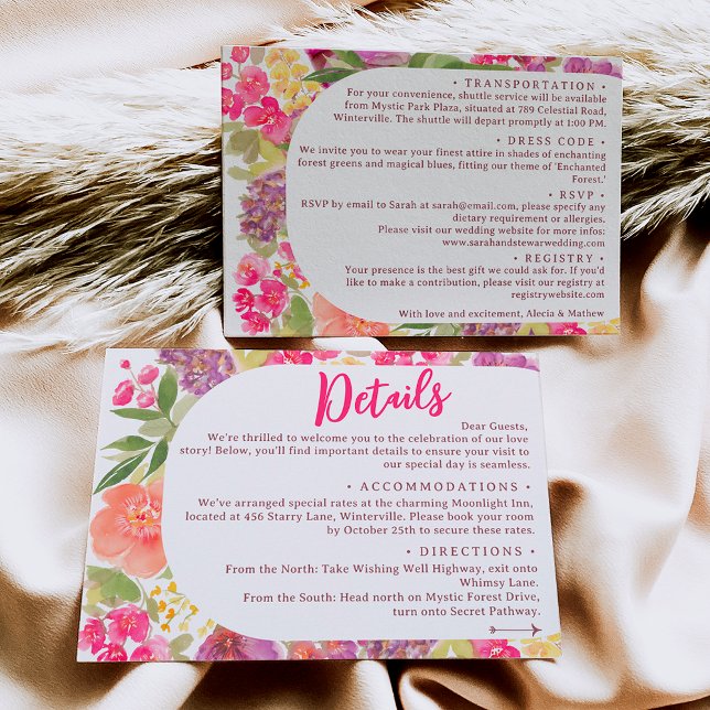 Bohemische helle Blumenschrift Hochzeitsdetails Begleitkarte (Bohemian bright floral arch script wedding details enclosure card)