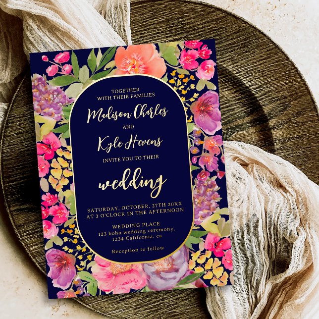 Bohemische helle Blumenzarge Folieneinladung (Bohemian bright floral arch script navy wedding foil invitation)