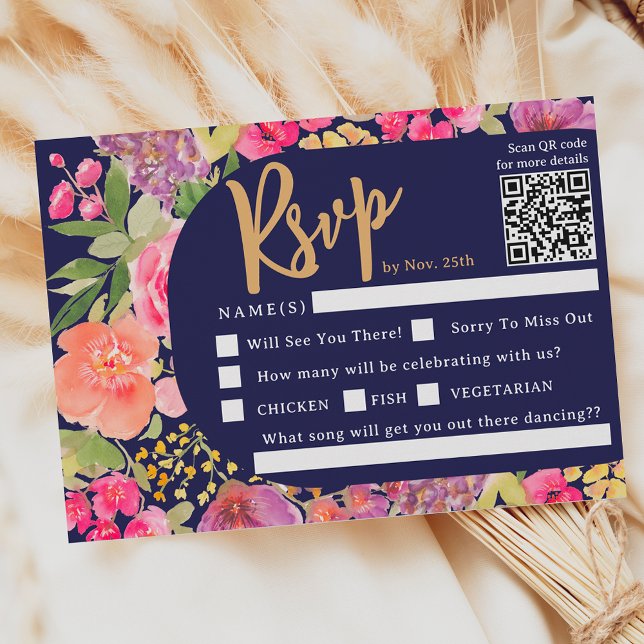 Bohemische helle Blumenzarge RSVP Karte (Bohemian bright floral arch script navy wedding RSVP card)