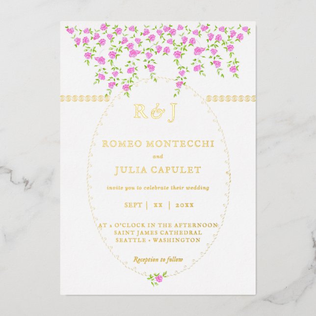 Bohemische, hellrosa, blumengeschmückte Hochzeit Folieneinladung (Vorderseite)