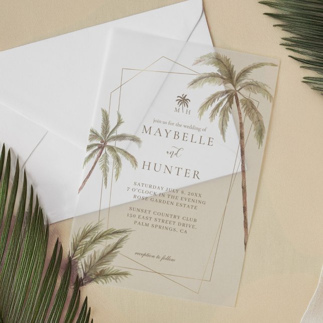 Bohemische Hochzeit mit tropischen Wasserfarbenpal (Tropical Watercolor Palm Trees Bohemian Wedding Vellum Invitations)