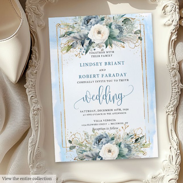 Bohemische Hochzeitsfeiern in blauen Blume laden e Einladung (Bohemian dusty blue white flowers wedding invitation

)