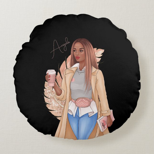 Bohemische Imitate Glitzer Girl Tan Haar Braun Ros Rundes Kissen (Vorderseite)