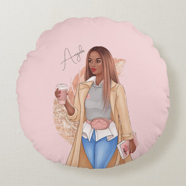 Bohemische Imitate Glitzer Girl Tan Hair Pink Rundes Kissen (Vorderseite)