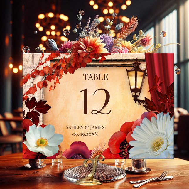 Bohemische Klassische Herbstkarte für die Tischnum Tischnummer (Table number card featuring a classic Italian design with autumn leaves and flowers on terra cotta)