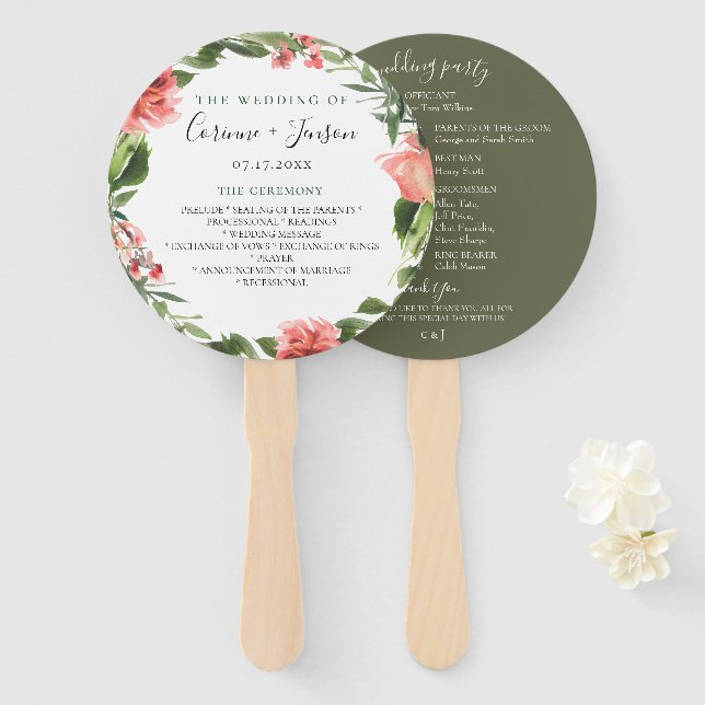 Bohemische Korallenblumenhochzeitprogramme Handfan Fächer (Vorne und Hinten)