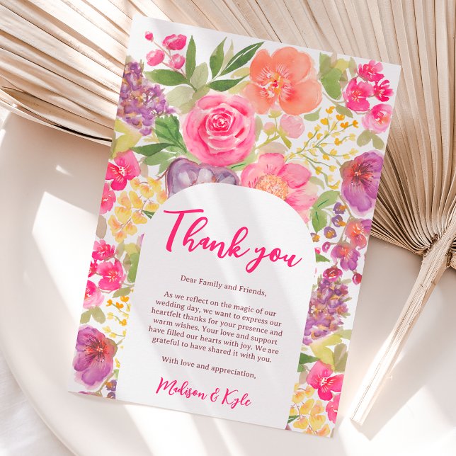 Bohemische, leuchtend blumengeschichte Hochzeit Dankeskarte (Bohemian bright floral arch script chic wedding thank you card)