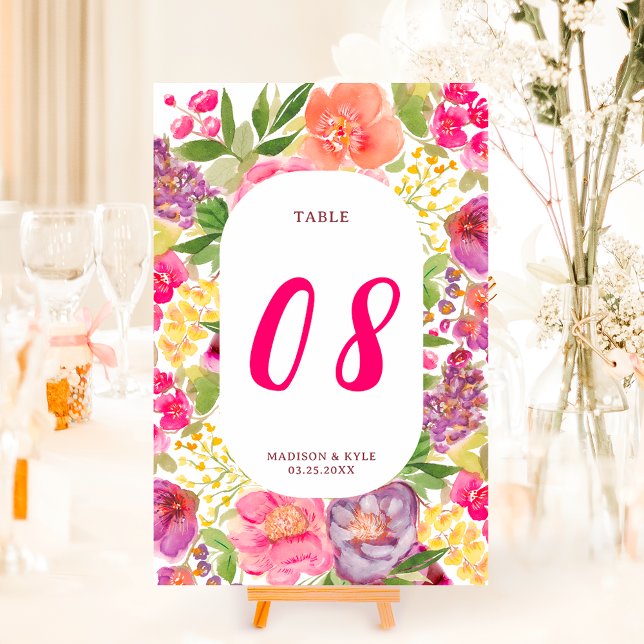 Bohemische, leuchtend blumengeschichte Hochzeit Tischnummer (Bohemian bright floral arch script chic wedding table number)